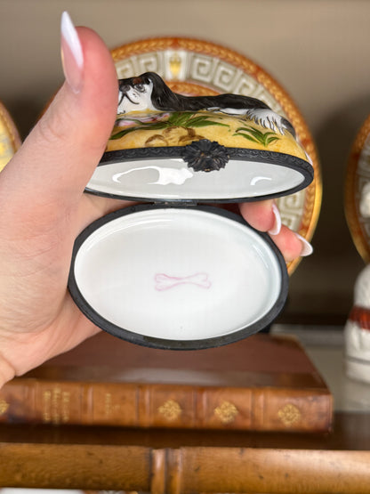 Vintage Limoges France Hand-Painted Porcelain Cavalier Spaniel Dog Trinket Box, 3.5”