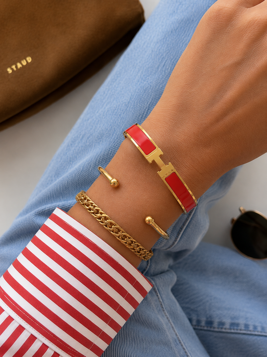 Red Enamel “H” Gold Hinged Bangle Bracelet W/ Box