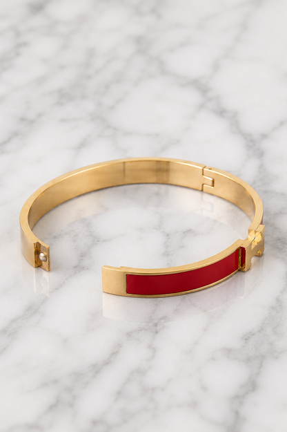 Red Enamel “H” Gold Hinged Bangle Bracelet W/ Box | SM 6.5”