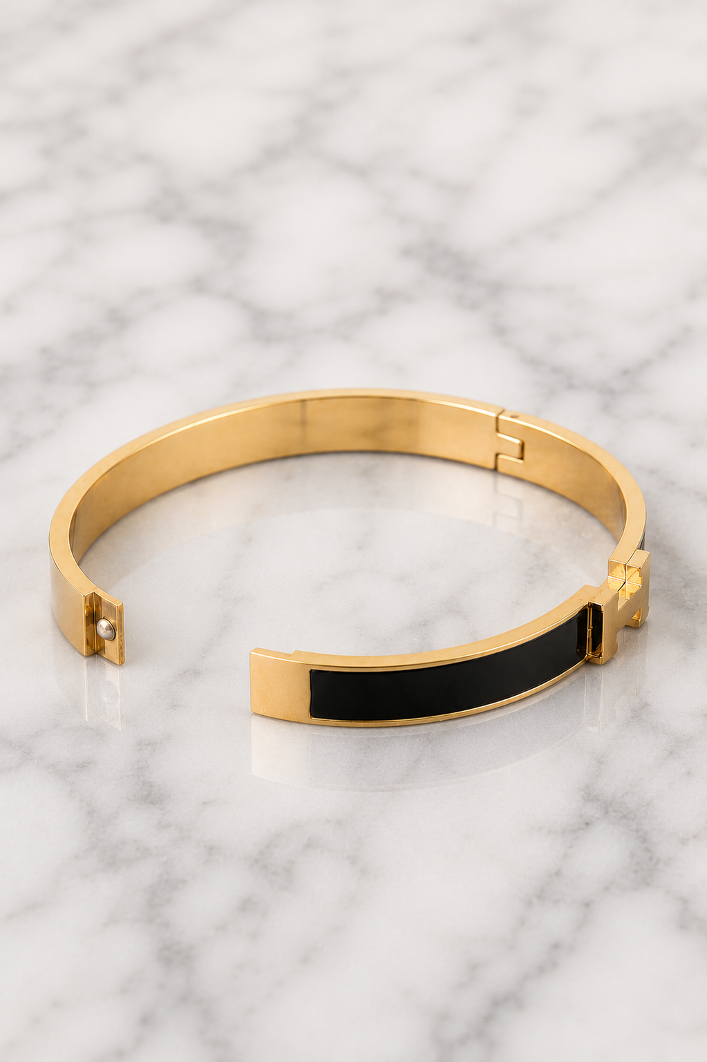 Black Enamel “H” Gold Hinged Bangle Bracelet W/ Box