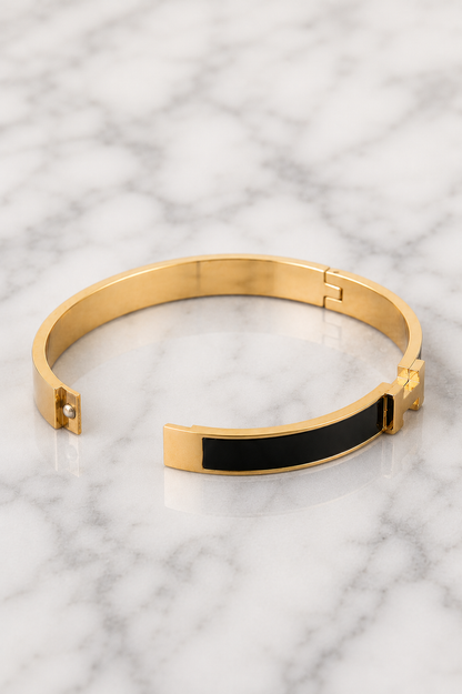 Black Enamel “H” Gold Hinged Bangle Bracelet W/ Box