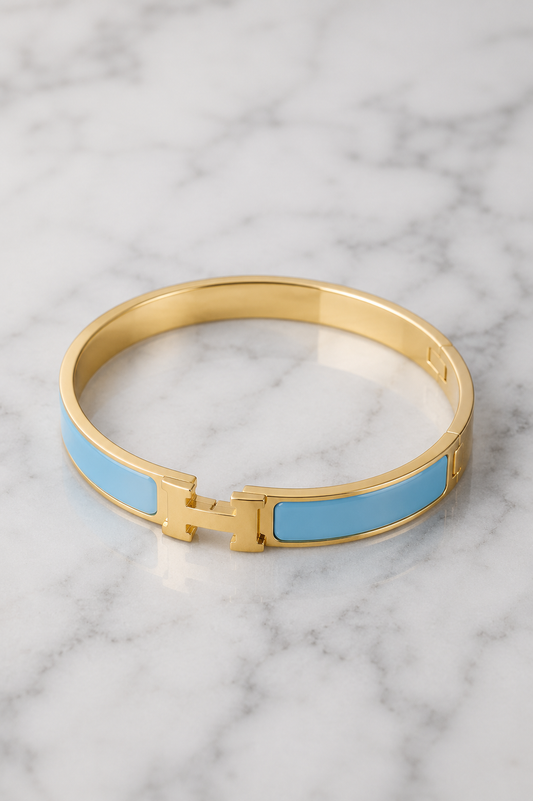 Teal Enamel “H” Gold Hinged Bangle Bracelet W/ Box