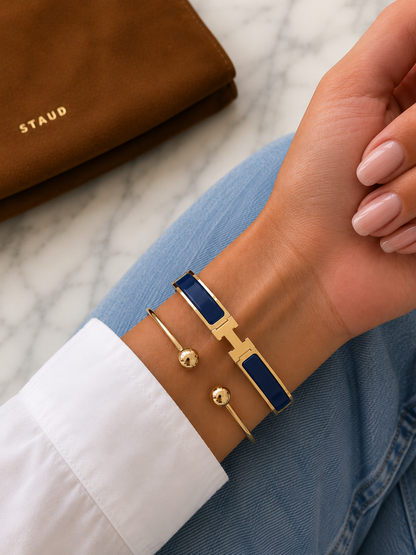 Navy Enamel “H” Gold Hinged Bangle Bracelet W/ Box