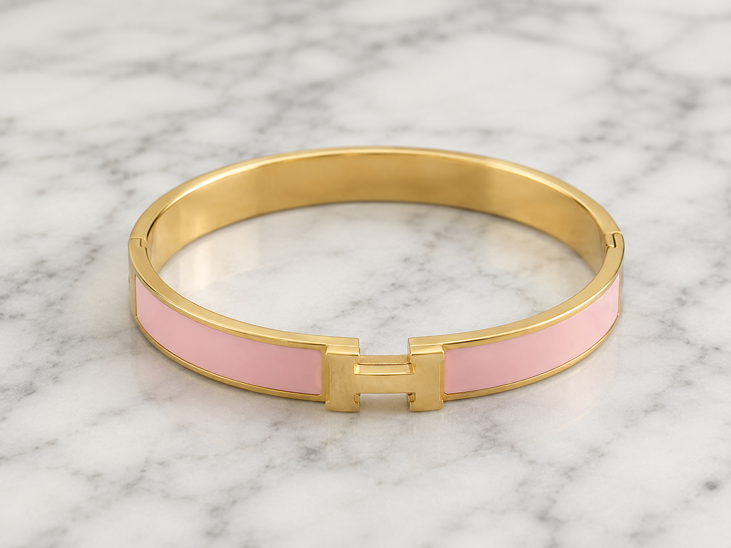 Pink Enamel “H” Gold Hinged Bangle Bracelet W/ Box