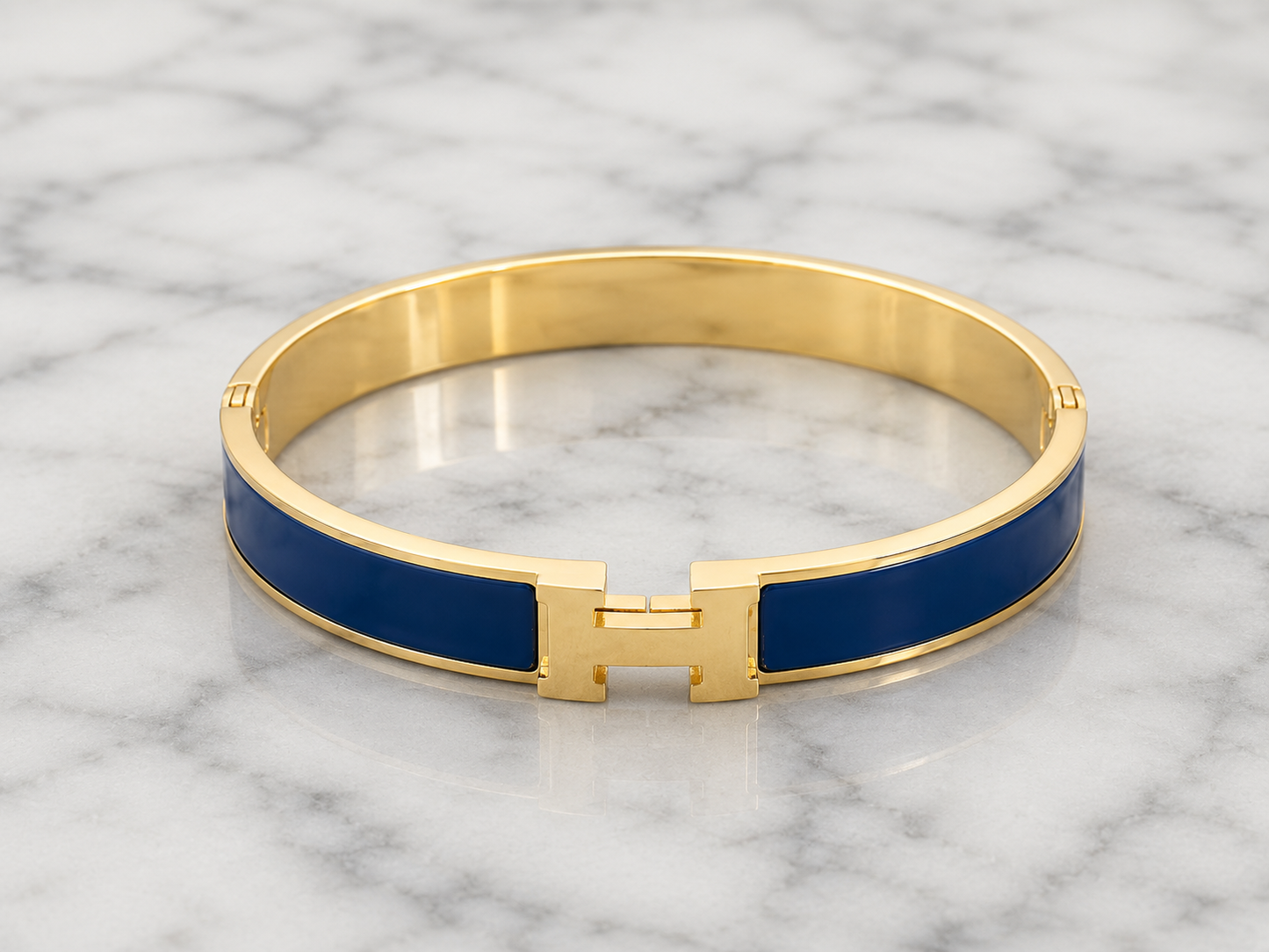Navy Enamel “H” Gold Hinged Bangle Bracelet W/ Box