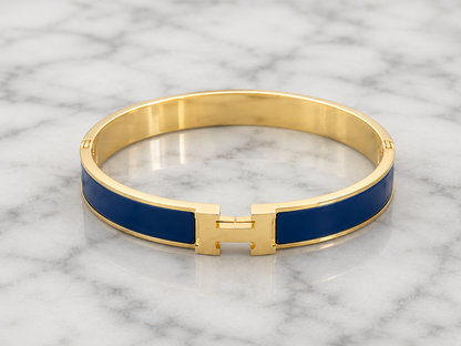 Navy Enamel “H” Gold Hinged Bangle Bracelet W/ Box