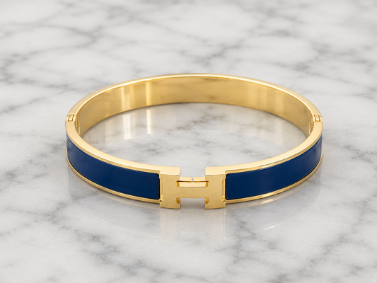 Navy Enamel “H” Gold Hinged Bangle Bracelet W/ Box