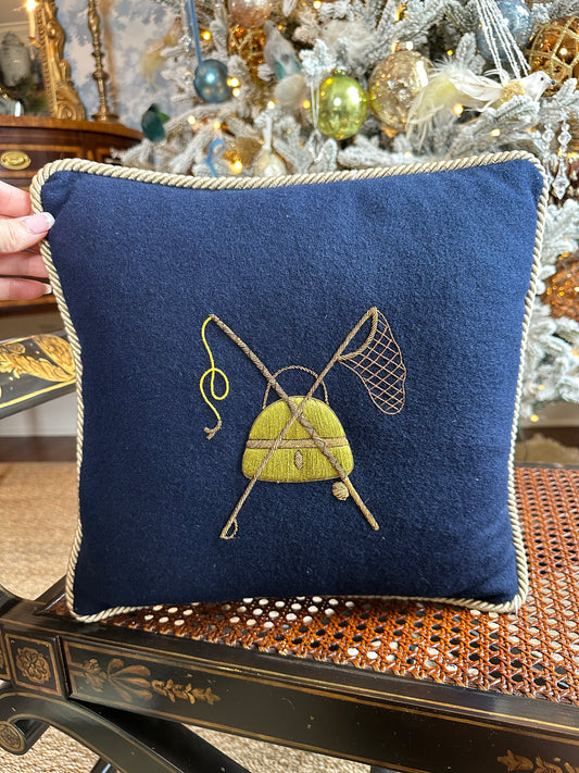 Hand Embroidered English Wool Pillow Fly Fishing