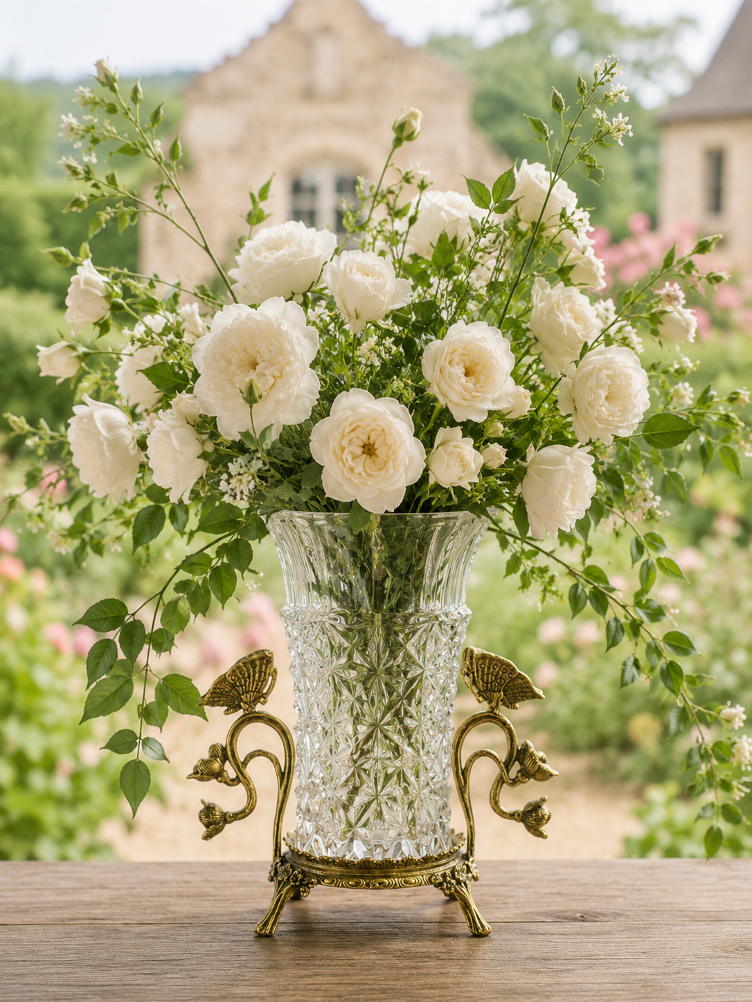Danny's Fine Porcelain | Crystal Vase W/ Bronze Ormolu Butterfly Handles | Decorative Crystal Vase #14309