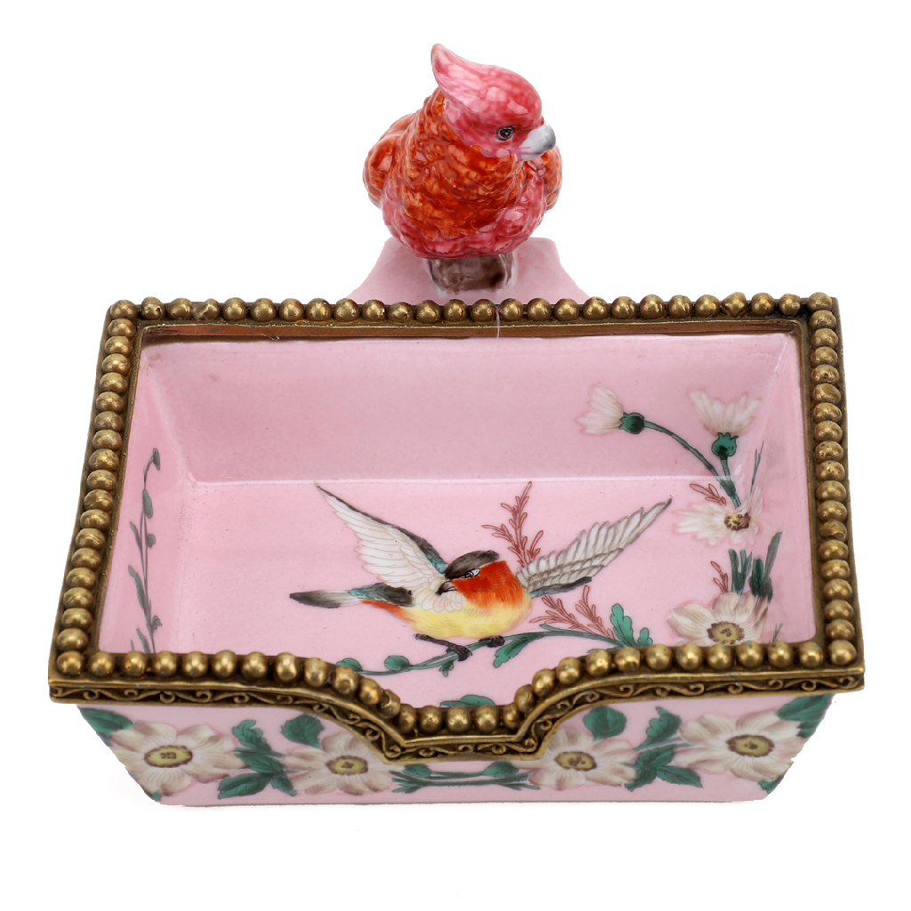 Danny's Fine Porcelain - Rectangular Pink Tray With Bird & Bronze Ormolu Details: 5.25X6X3.75” Hand painted