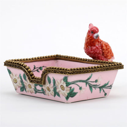Danny's Fine Porcelain - Rectangular Pink Tray With Bird & Bronze Ormolu Details: 5.25X6X3.75” Hand painted
