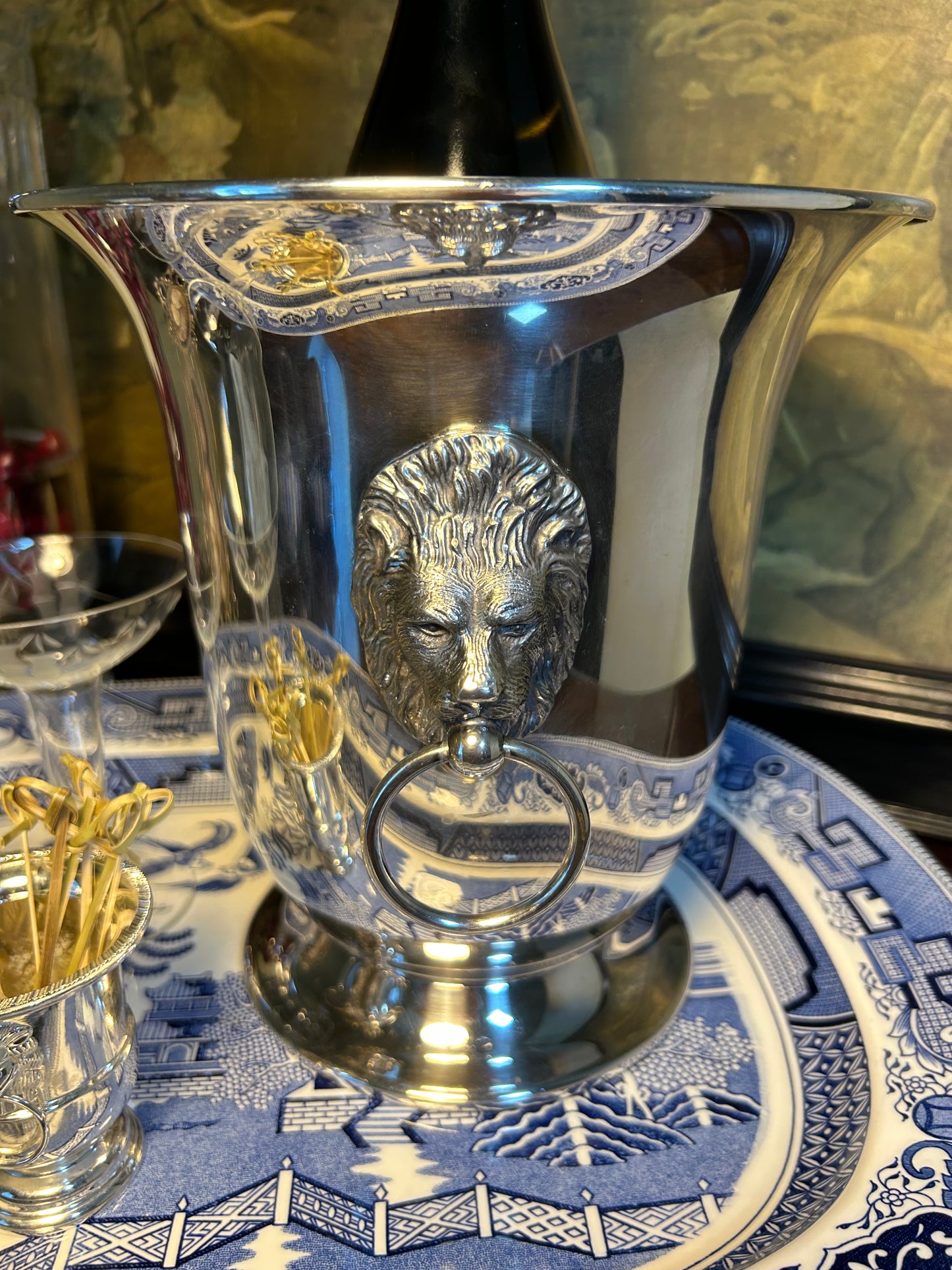 Vintage MCM Silver Plate Lion Head Champagne Cooler