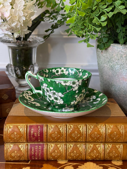 RESERVED - YVONE - Antique Crown Staffordshire Green Blossom Teacup & Saucer | Fine Bone China | England | Cherry Blossom Pattern - Single
