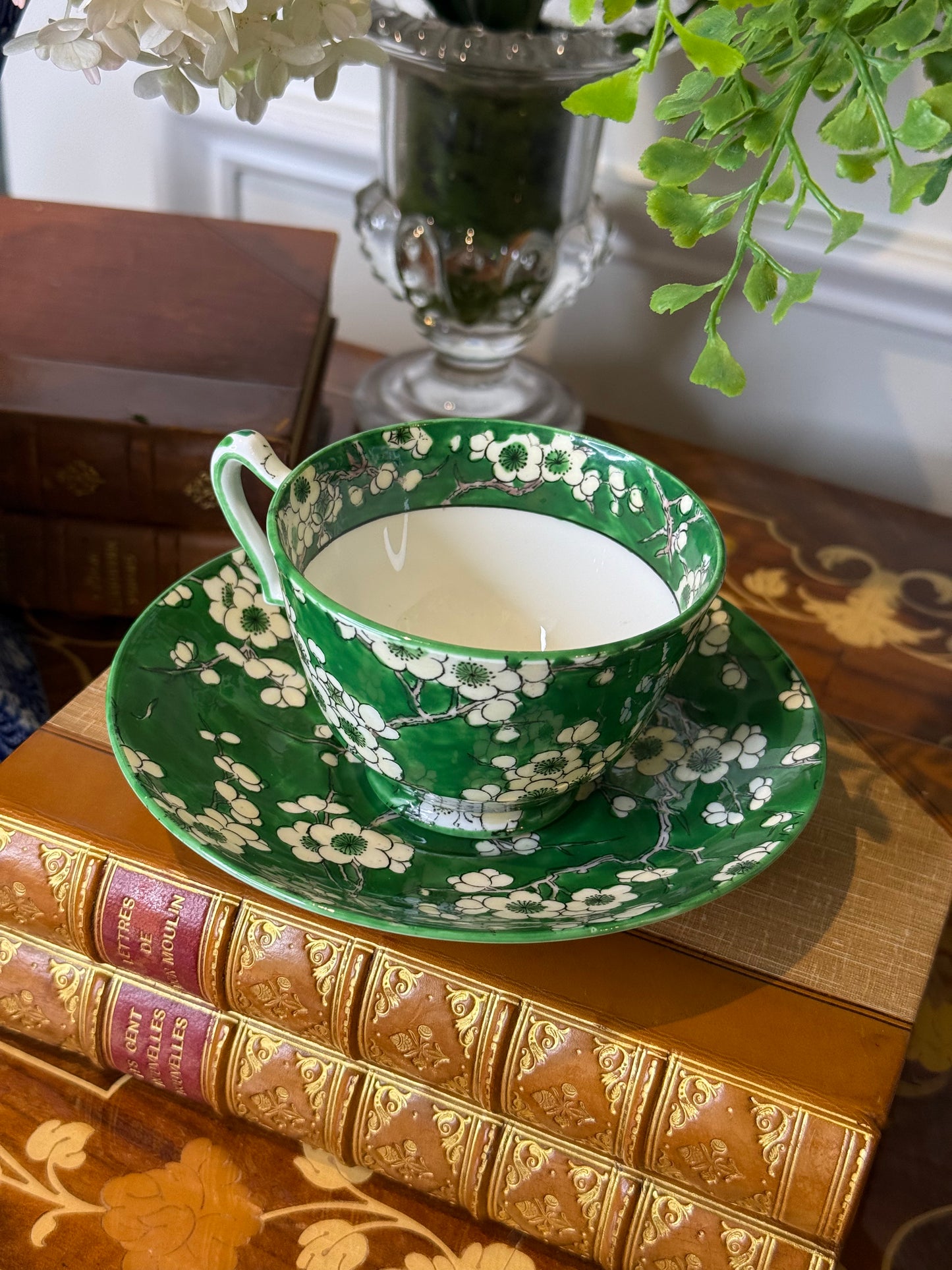 RESERVED - YVONE - Antique Crown Staffordshire Green Blossom Teacup & Saucer | Fine Bone China | England | Cherry Blossom Pattern - Single