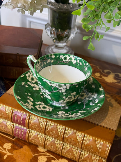 RESERVED - YVONE - Antique Crown Staffordshire Green Blossom Teacup & Saucer | Fine Bone China | England | Cherry Blossom Pattern - Single
