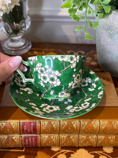 RESERVED - YVONE - Antique Crown Staffordshire Green Blossom Teacup & Saucer | Fine Bone China | England | Cherry Blossom Pattern - Single