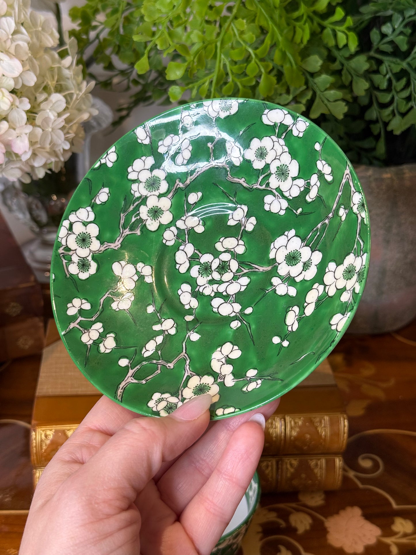 RESERVED - YVONE - Antique Crown Staffordshire Green Blossom Teacup & Saucer | Fine Bone China | England | Cherry Blossom Pattern - Single