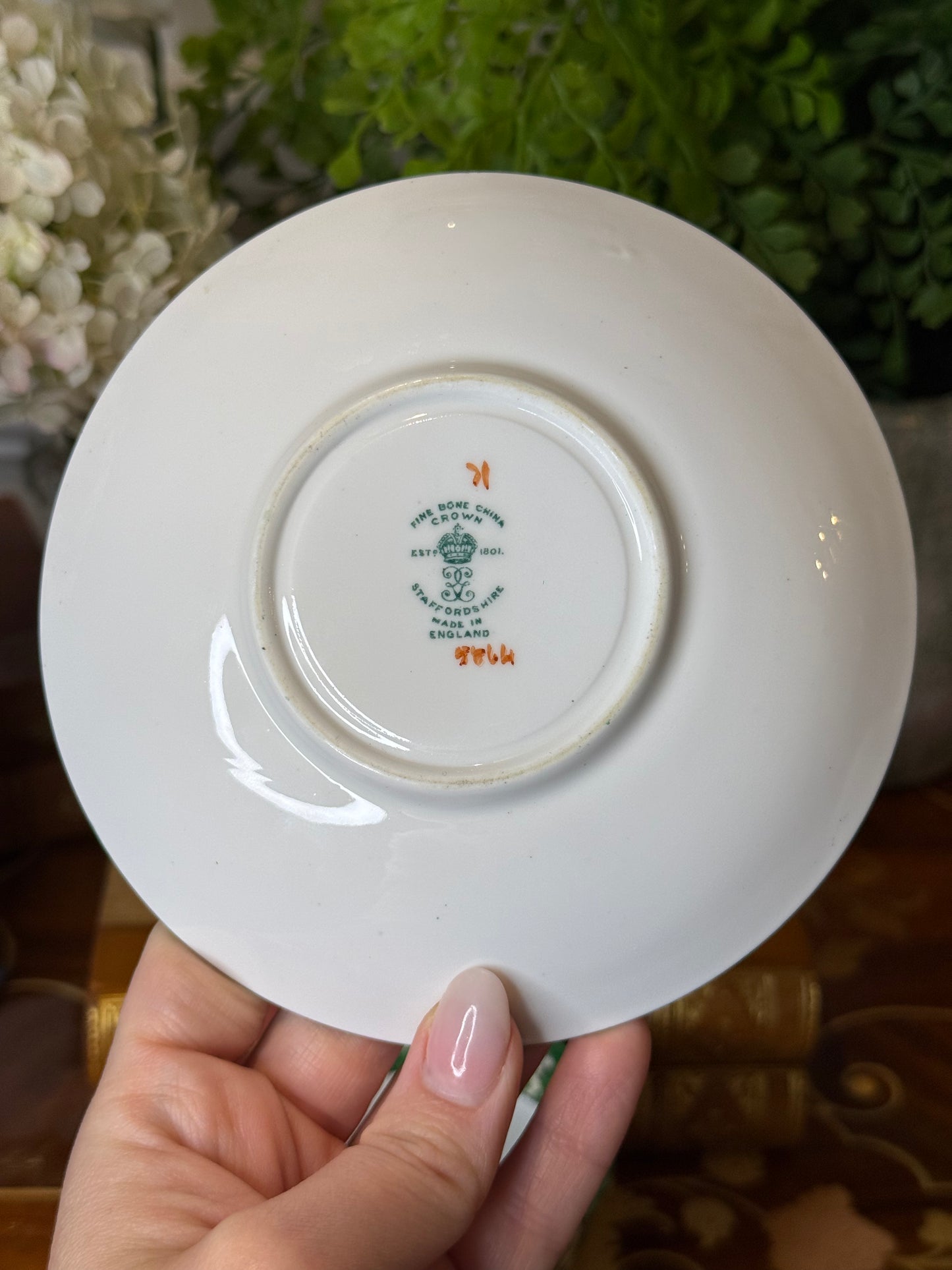 RESERVED - YVONE - Antique Crown Staffordshire Green Blossom Teacup & Saucer | Fine Bone China | England | Cherry Blossom Pattern - Single