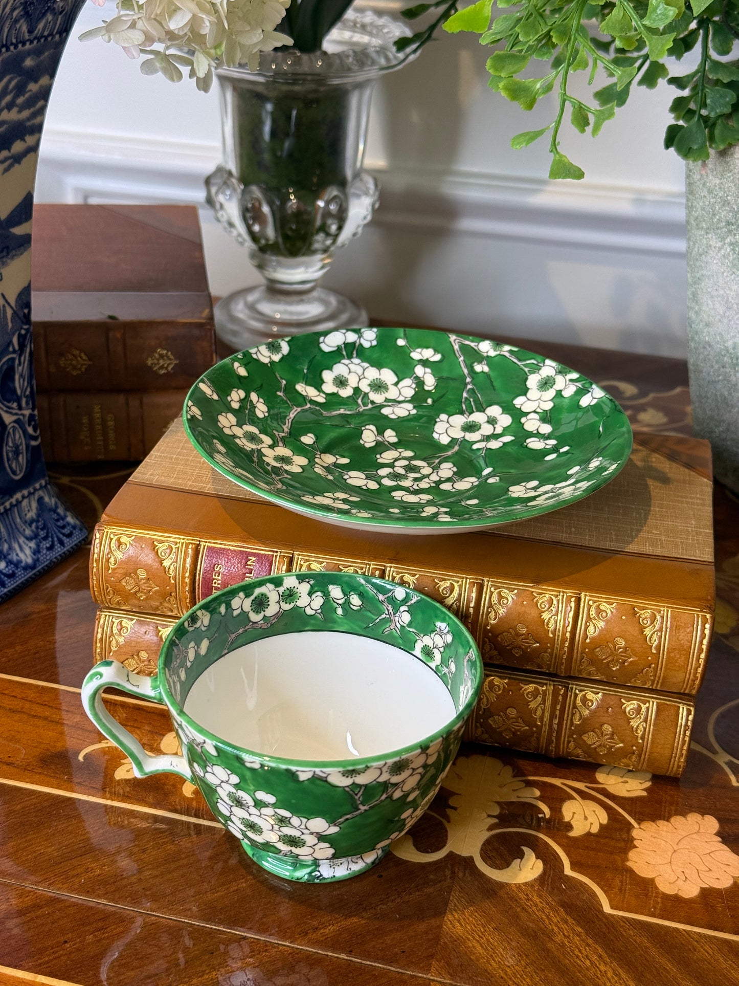 RESERVED - YVONE - Antique Crown Staffordshire Green Blossom Teacup & Saucer | Fine Bone China | England | Cherry Blossom Pattern - Single
