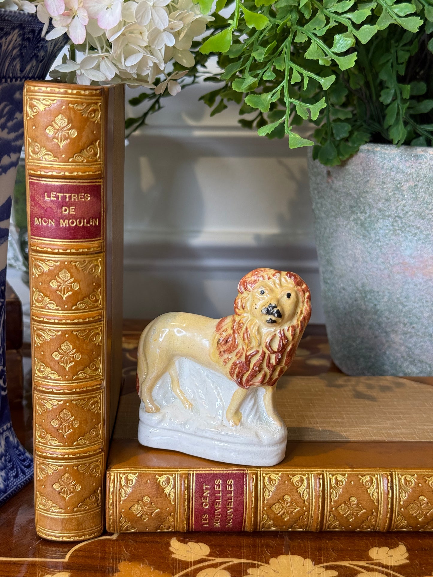 Antique Miniature Staffordshire Lion Figurine | Hand Painted English Pottery | 3x2”
