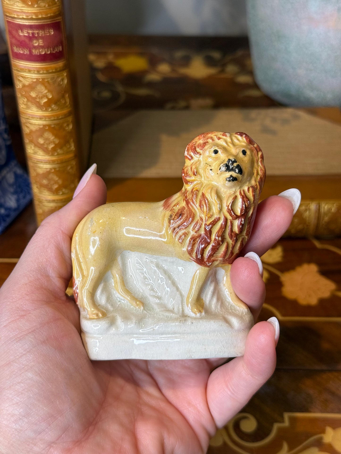 Antique Miniature Staffordshire Lion Figurine | Hand Painted English Pottery | 3x2”