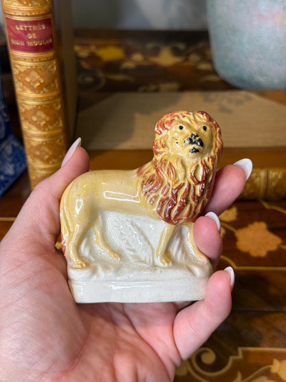 Antique Miniature Staffordshire Lion Figurine | Hand Painted English Pottery | 3x2”