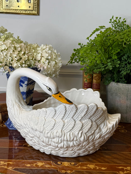 Vintage Italian White Swan Planter | Large Ceramic Cachepot | Mid-Century Hollywood Regency | 13”