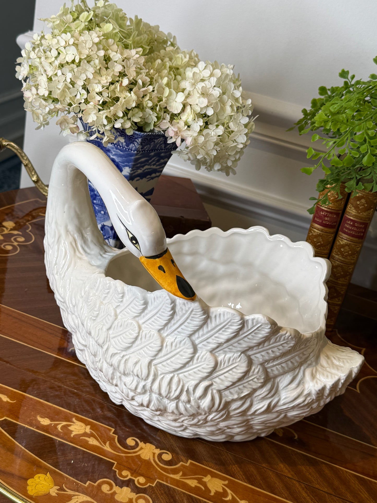 Vintage Italian White Swan Planter | Large Ceramic Cachepot | Mid-Century Hollywood Regency | 13”