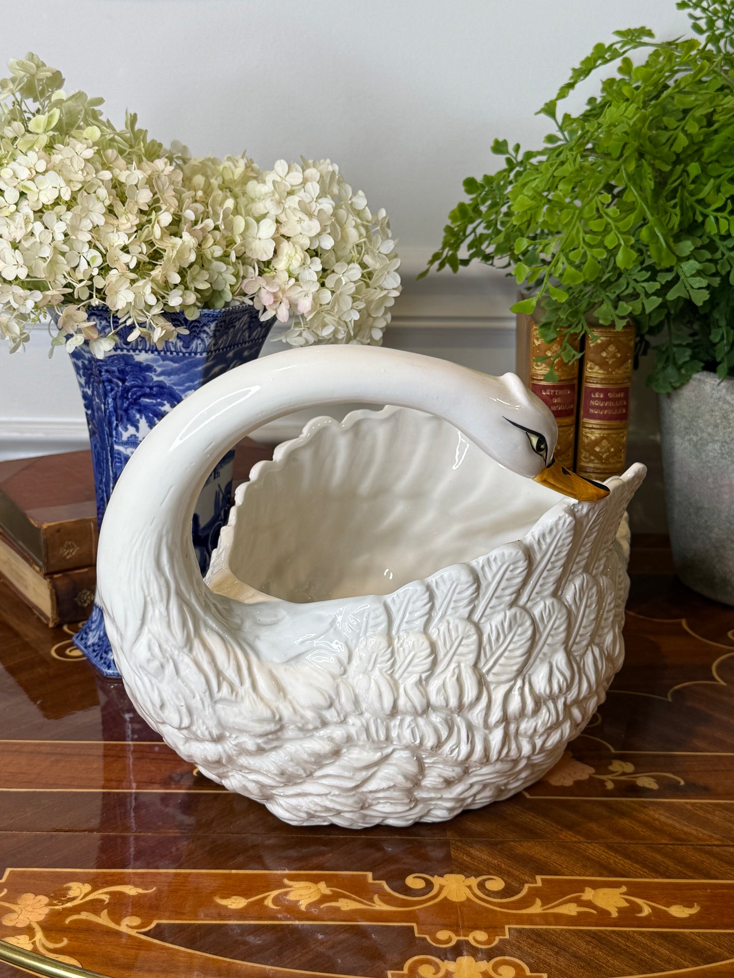 Vintage Italian White Swan Planter | Large Ceramic Cachepot | Mid-Century Hollywood Regency | 13”