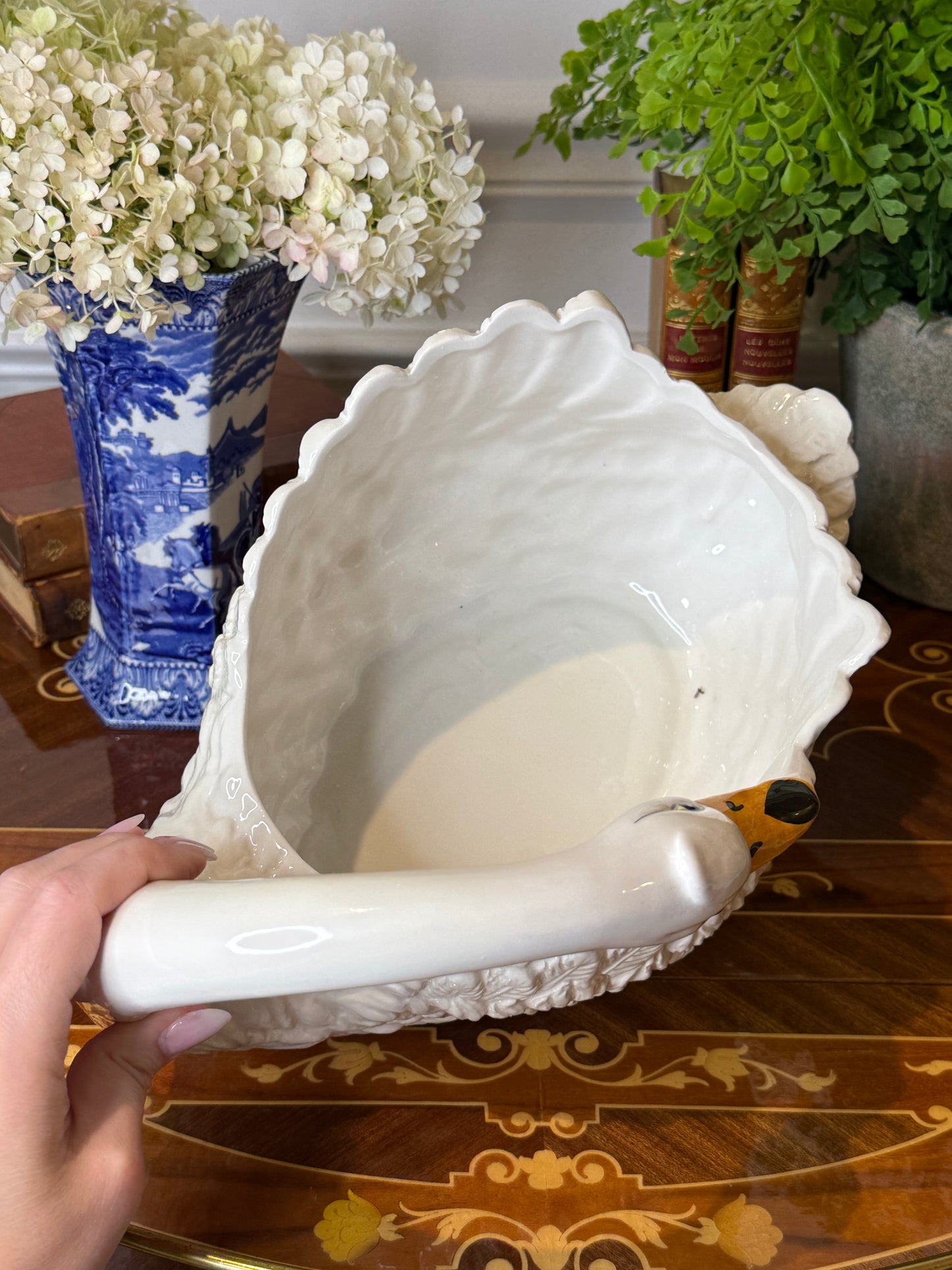 Vintage Italian White Swan Planter | Large Ceramic Cachepot | Mid-Century Hollywood Regency | 13”