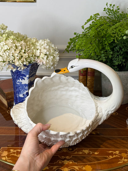 Vintage Italian White Swan Planter | Large Ceramic Cachepot | Mid-Century Hollywood Regency | 13”