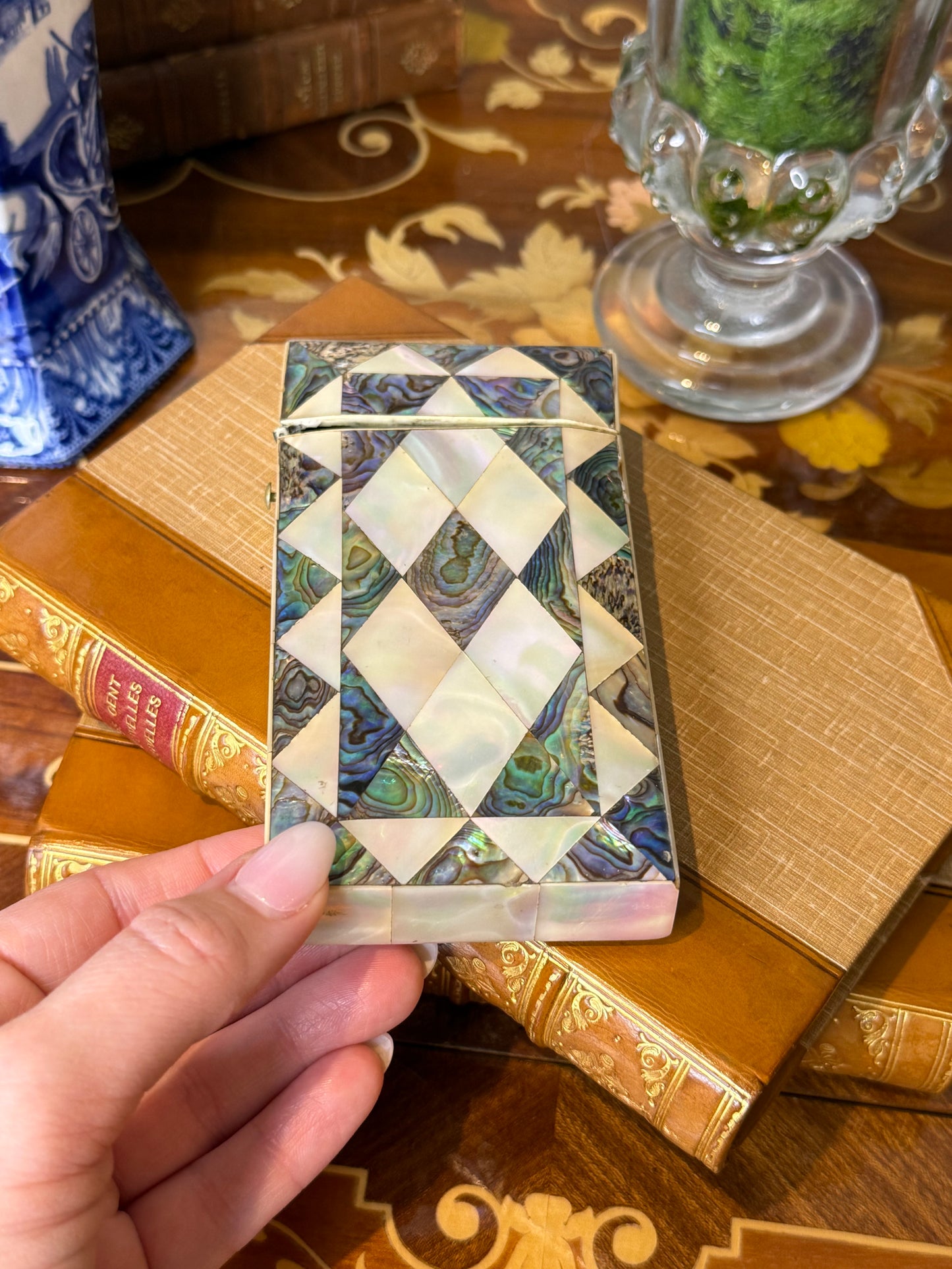 Antique Mother of Pearl & Abalone Cigar Case with Silver Cartouche | 19th Century | 5” L × 3” W × 3/4” H