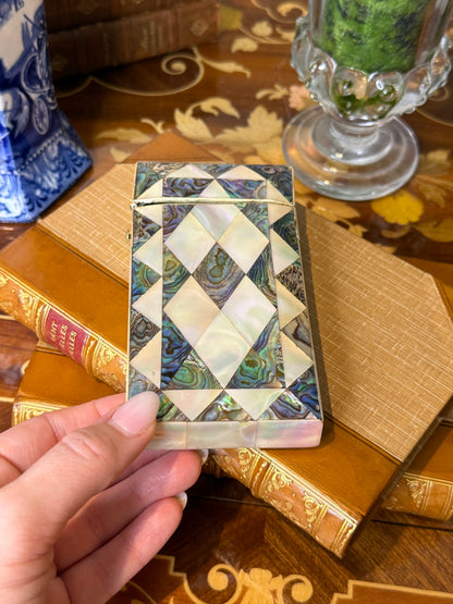 Antique Mother of Pearl & Abalone Cigar Case with Silver Cartouche | 19th Century | 5” L × 3” W × 3/4” H