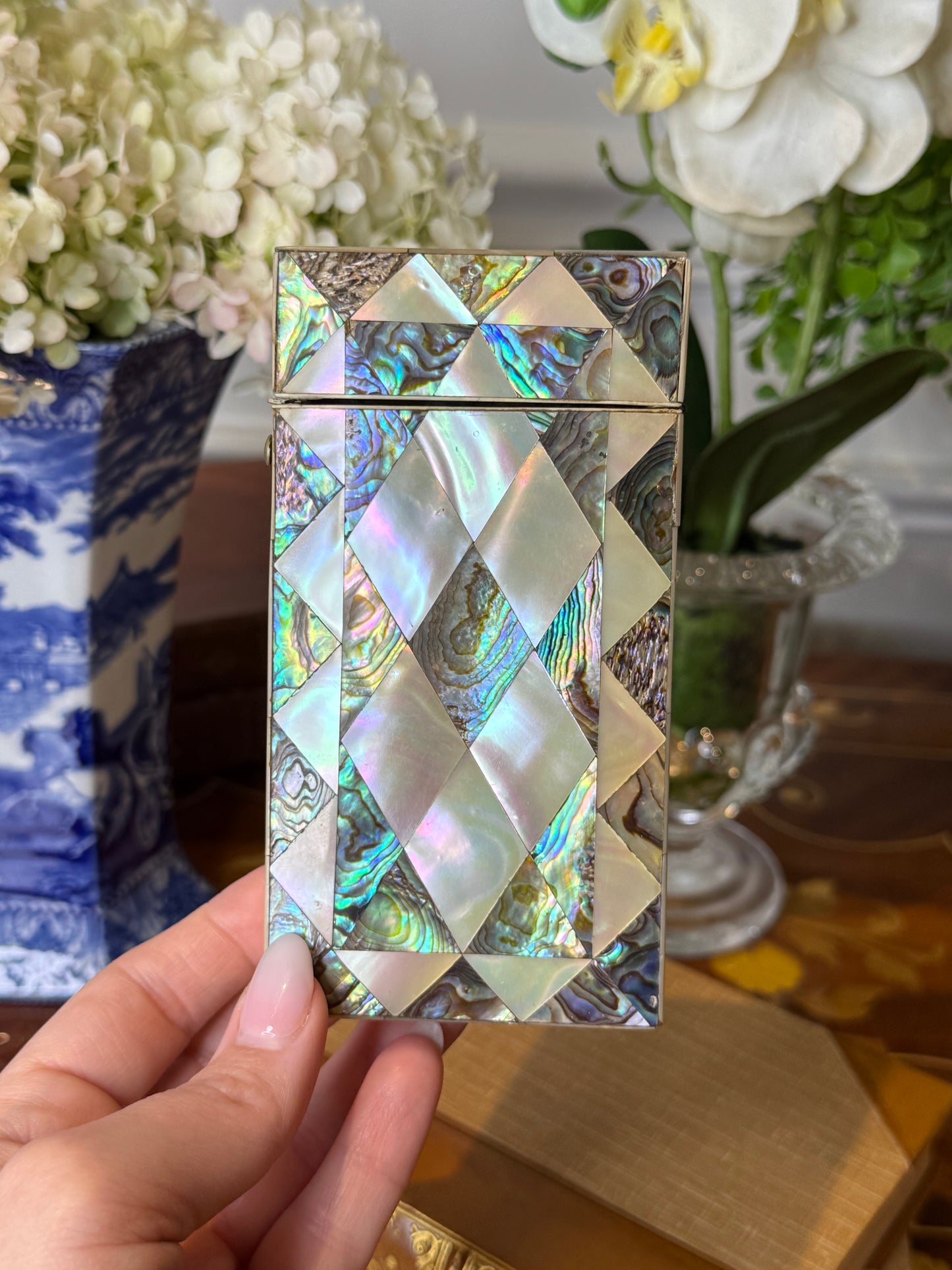 Antique Mother of Pearl & Abalone Cigar Case with Silver Cartouche | 19th Century | 5” L × 3” W × 3/4” H