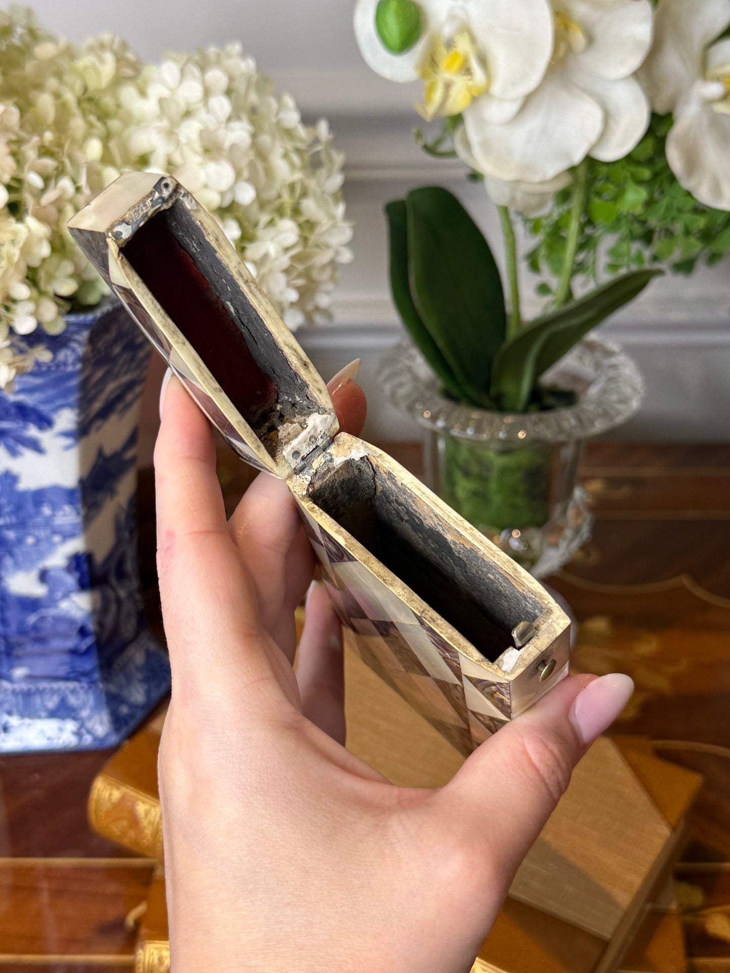 Antique Mother of Pearl & Abalone Cigar Case with Silver Cartouche | 19th Century | 5” L × 3” W × 3/4” H