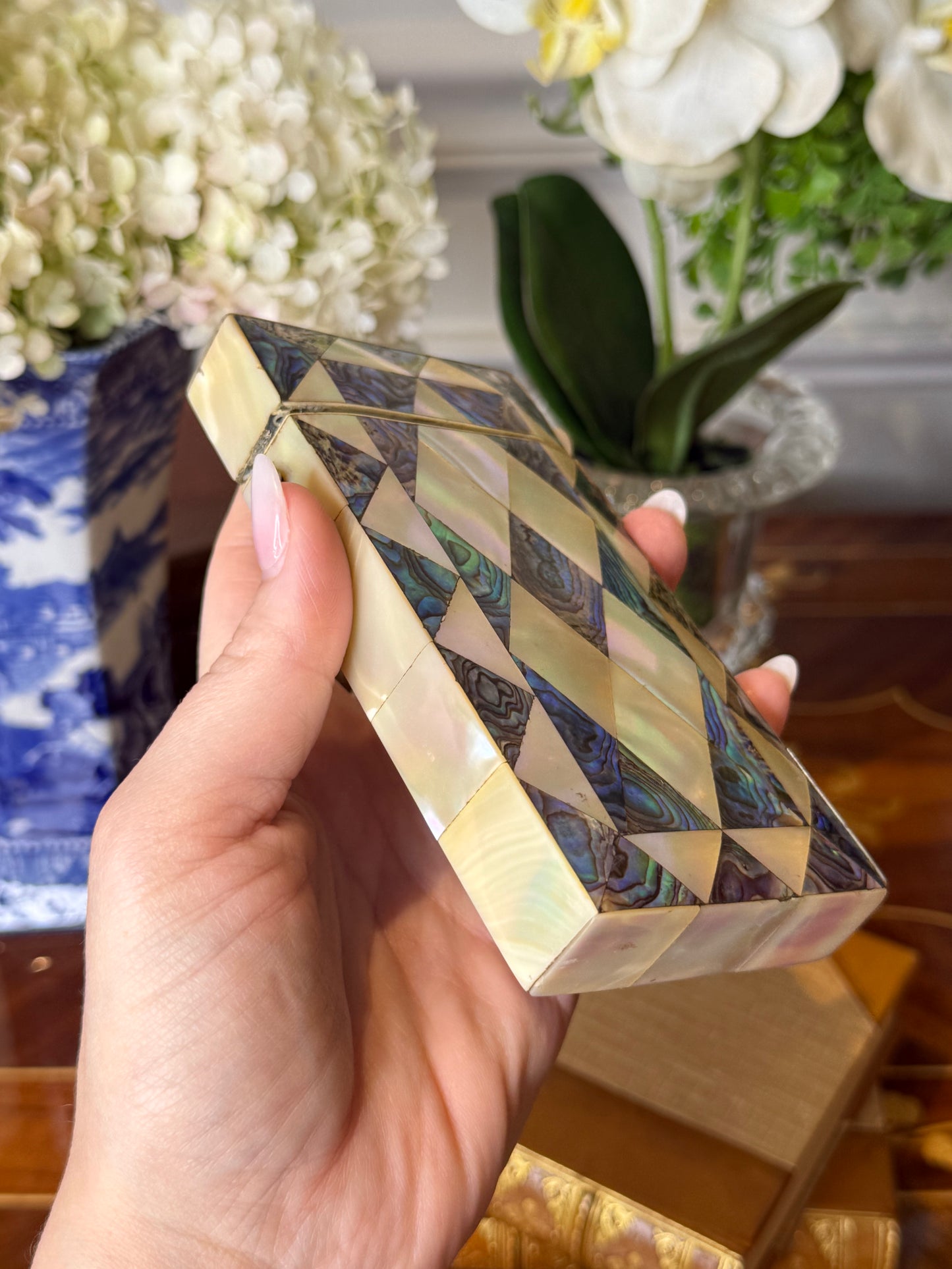 Antique Mother of Pearl & Abalone Cigar Case with Silver Cartouche | 19th Century | 5” L × 3” W × 3/4” H