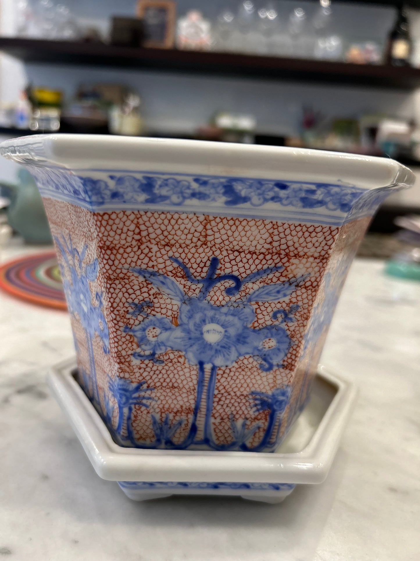Vintage Chinese Red Blue and White Porcelain Planter from Gimbels!