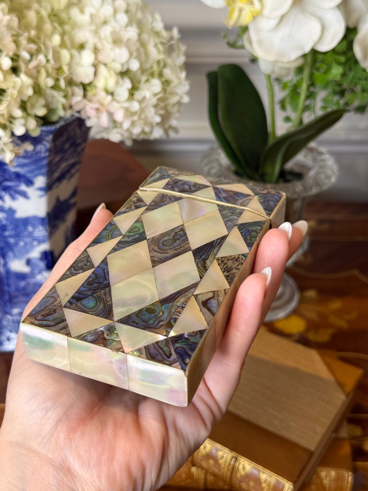 Antique Mother of Pearl & Abalone Cigar Case with Silver Cartouche | 19th Century | 5” L × 3” W × 3/4” H