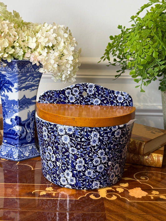 RESERVED -  SK8 SARAH  - Vintage Crownford Calico Salt Box | Staffordshire England | Blue & White Wall-Mount Kitchen Storage | 7”