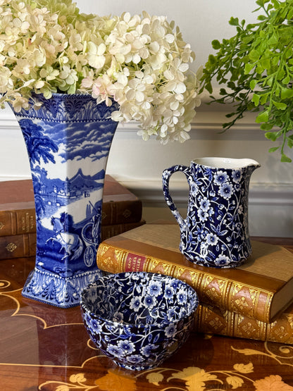 Vintage Burleigh Calico Creamer & Open Sugar Bowl Set | Blue & White Staffordshire England