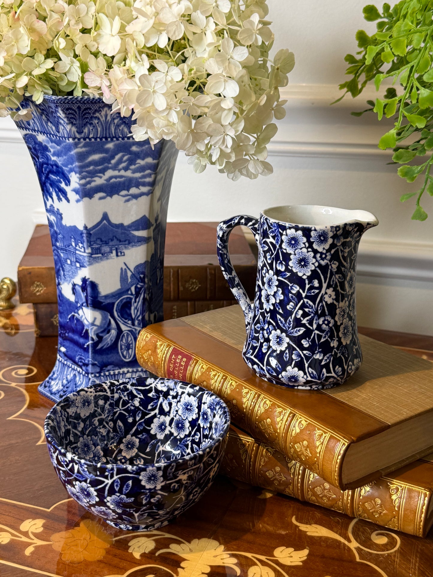 Vintage Burleigh Calico Creamer & Open Sugar Bowl Set | Blue & White Staffordshire England