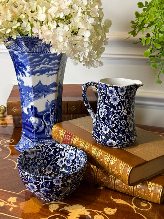 RESERVED - SK8 SARAH - Vintage Burleigh Calico Creamer & Open Sugar Bowl Set | Blue & White Staffordshire England