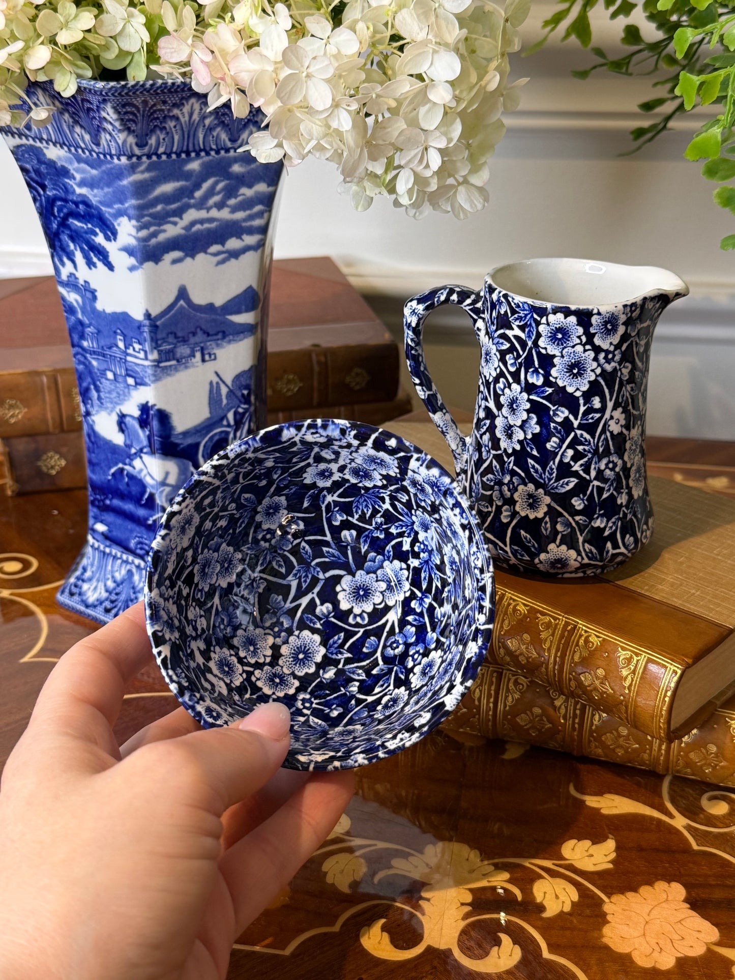 Vintage Burleigh Calico Creamer & Open Sugar Bowl Set | Blue & White Staffordshire England