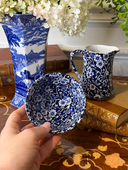 Vintage Burleigh Calico Creamer & Open Sugar Bowl Set | Blue & White Staffordshire England