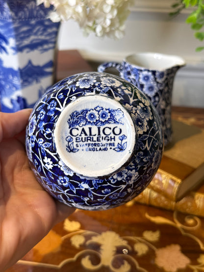Vintage Burleigh Calico Creamer & Open Sugar Bowl Set | Blue & White Staffordshire England