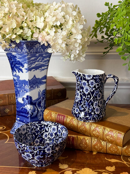 Vintage Burleigh Calico Creamer & Open Sugar Bowl Set | Blue & White Staffordshire England