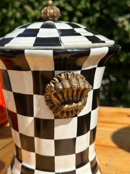 Danny's Fine Porcelain - Black & Which Check Jar W/ Bronze Lid and Shell Handles - 9L X 7W X 10H