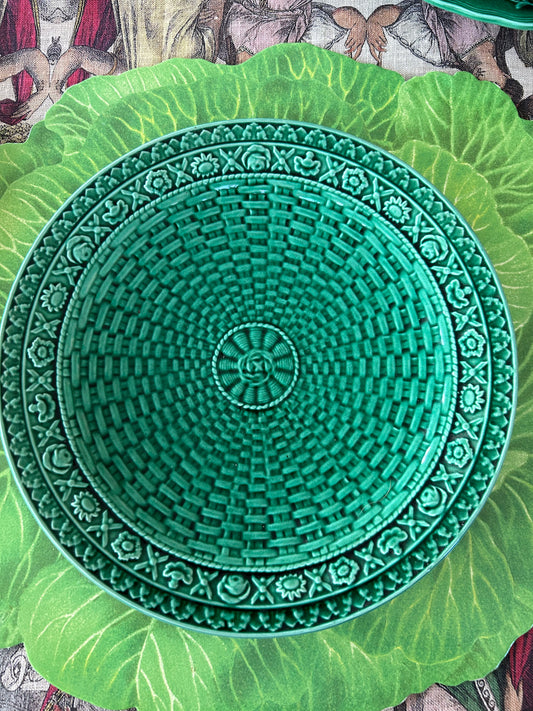 Outstanding Antique Green Majolica Plate BasketweavePattern
