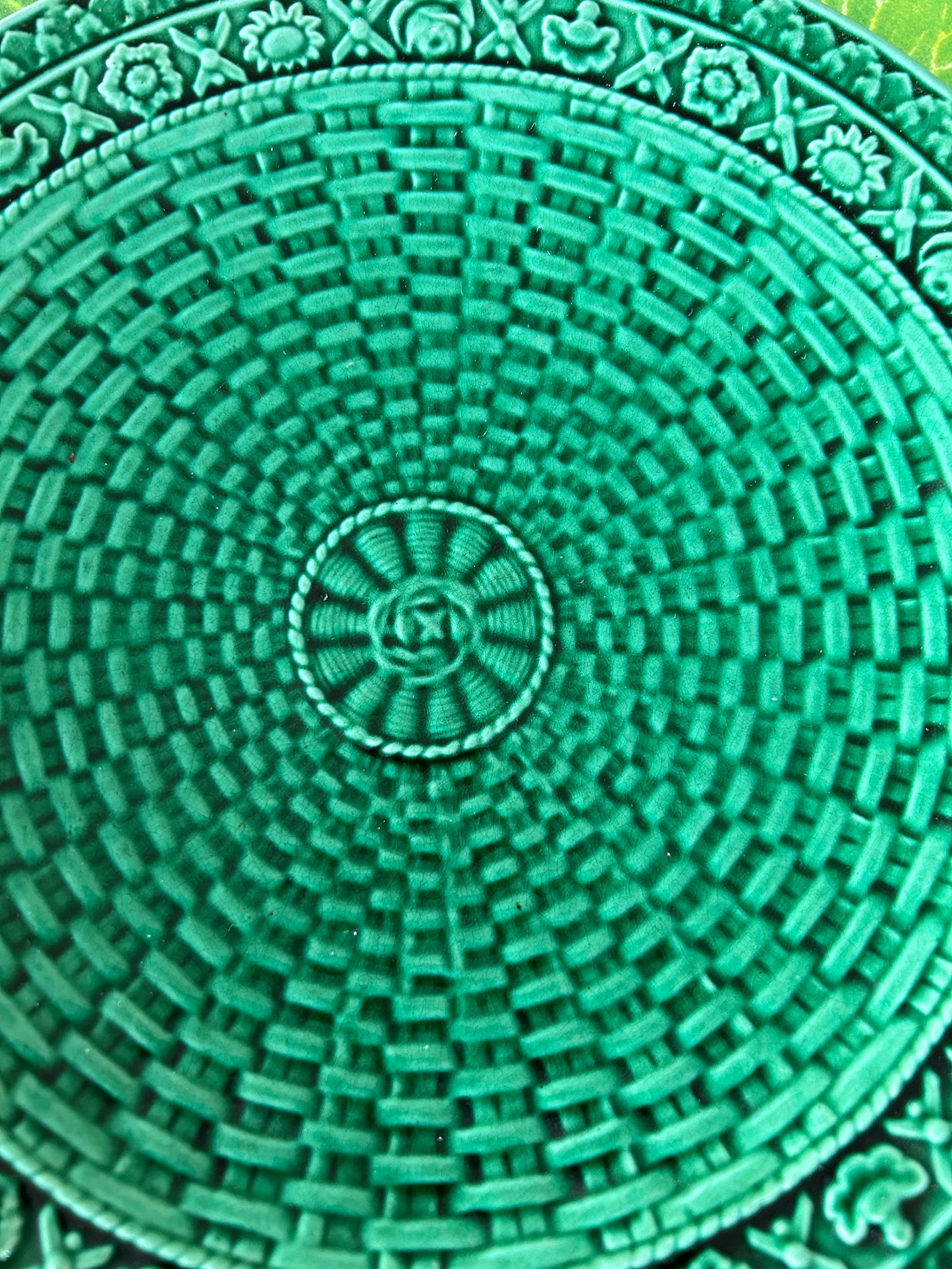 Outstanding Antique Green Majolica Plate BasketweavePattern