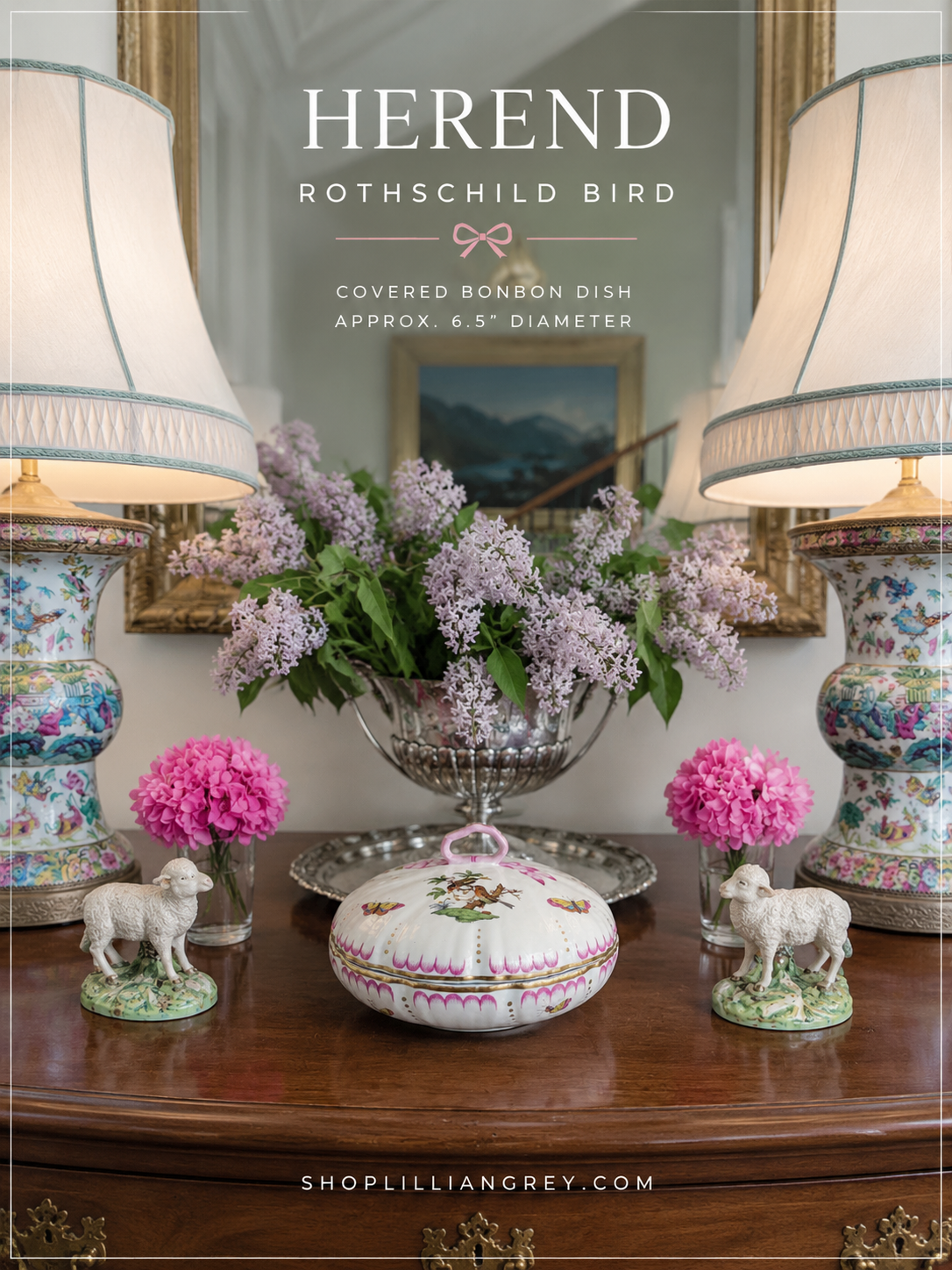 Herend Rothschild Bird Porcelain Covered Bonbon Dish | Pink Ribbon Finial | 6.5”